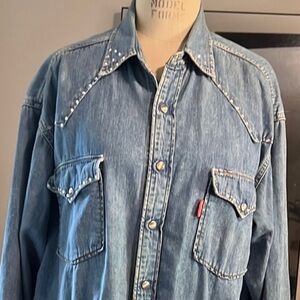 VINTAGE BIG STAR 90’s Bedazzled Rhinestone Cowgirl Western Denim Blue Jean Shirt